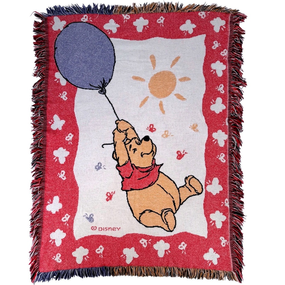 Disney Winnie the Pooh Woven Tapestry Throw Blanket Red Blue Vintage Kids Decor